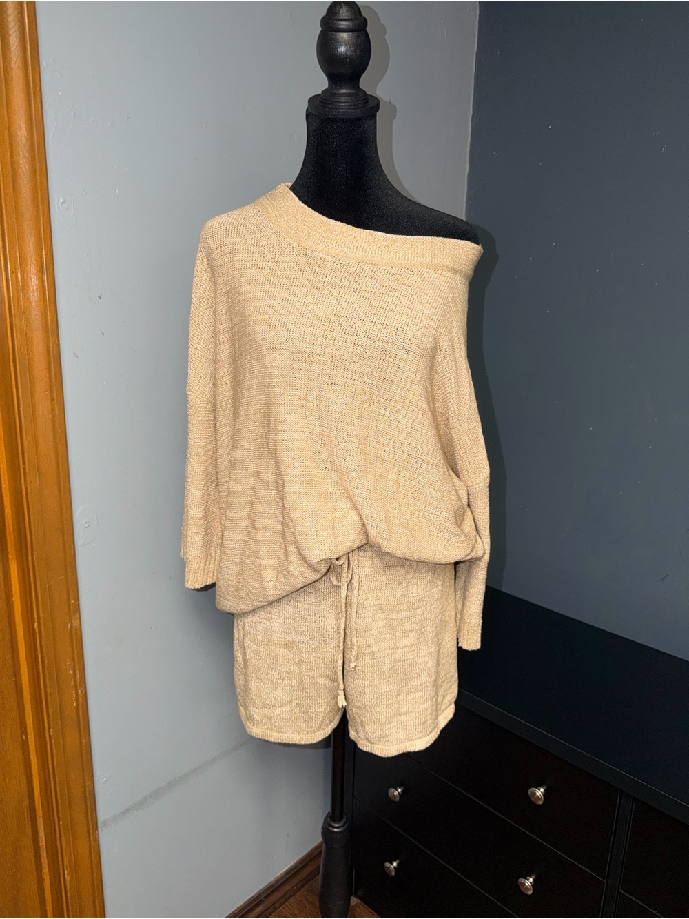 Cozy Soft Tan Off-the-Shoulder Knit Sweater and Shorts Set/NWOT